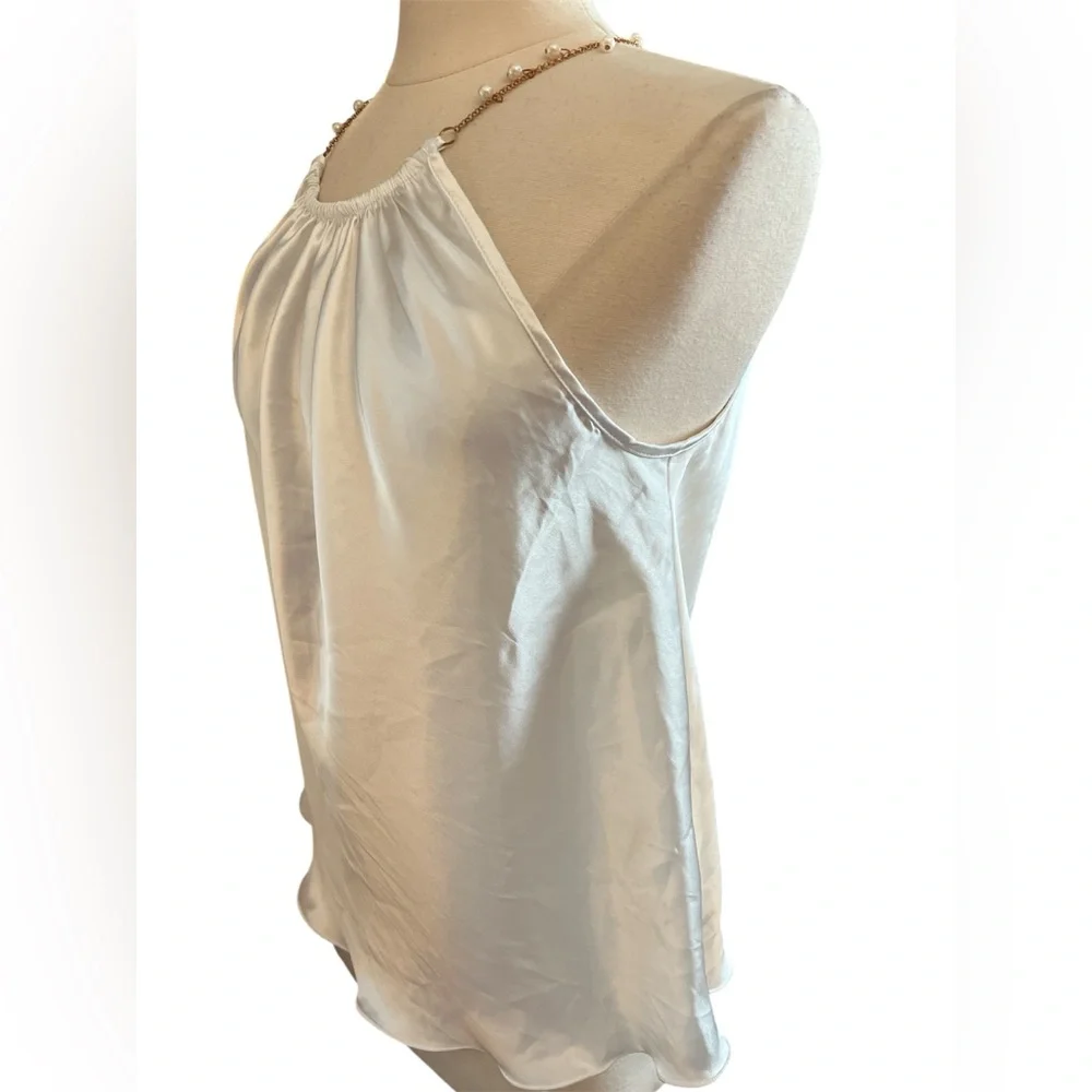 Nicole Miller white satin halter top, gold pearl-beaded necklace-style strap M - Picture 5 of 10